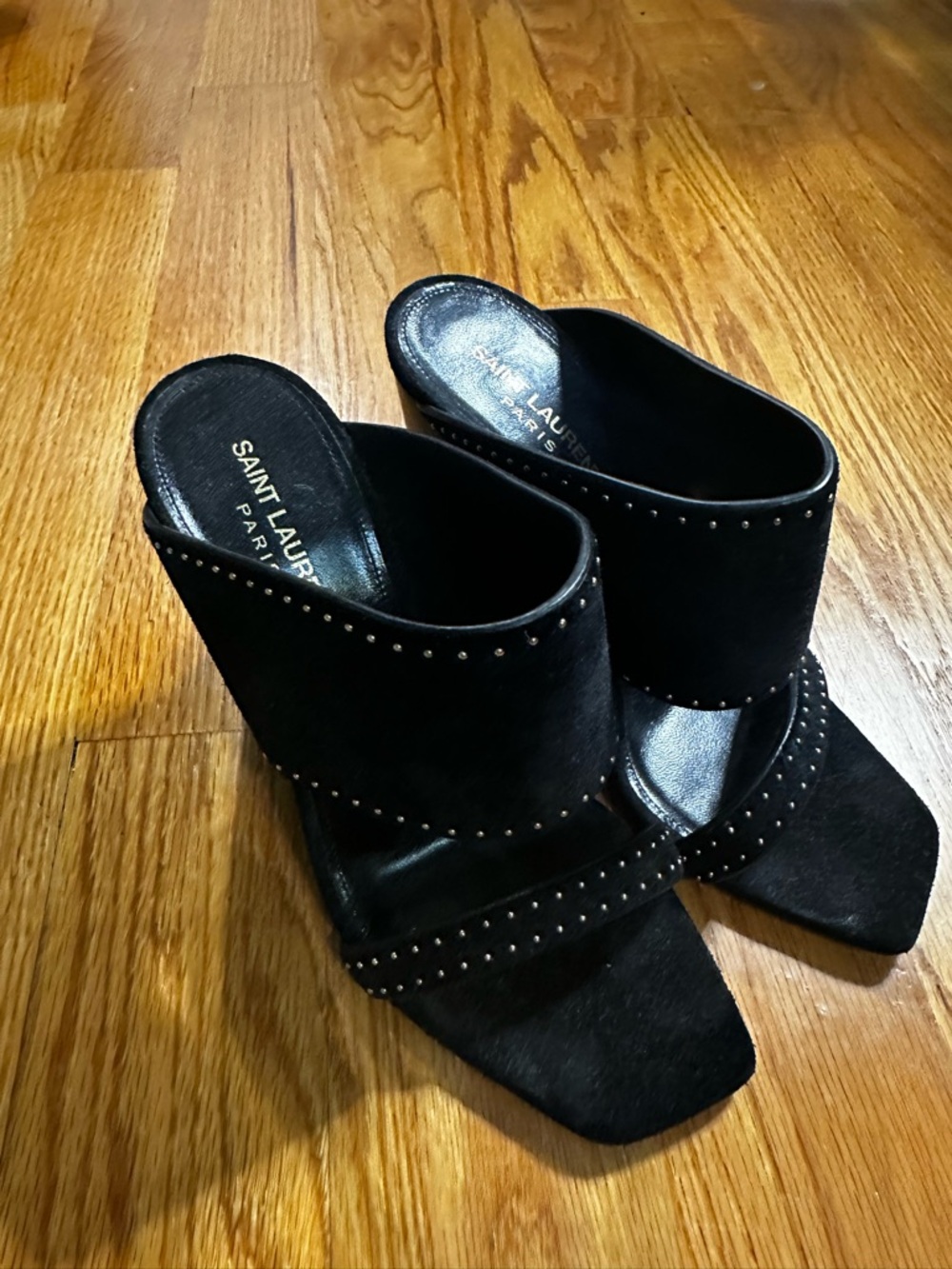 Saint Laurent Black Suede Studded Mule Heels